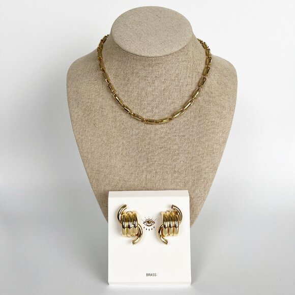 Anthropologie Gold Chain Necklace & Earrings Set Chunky Old Money Quiet Luxury - Picture 4 of 4